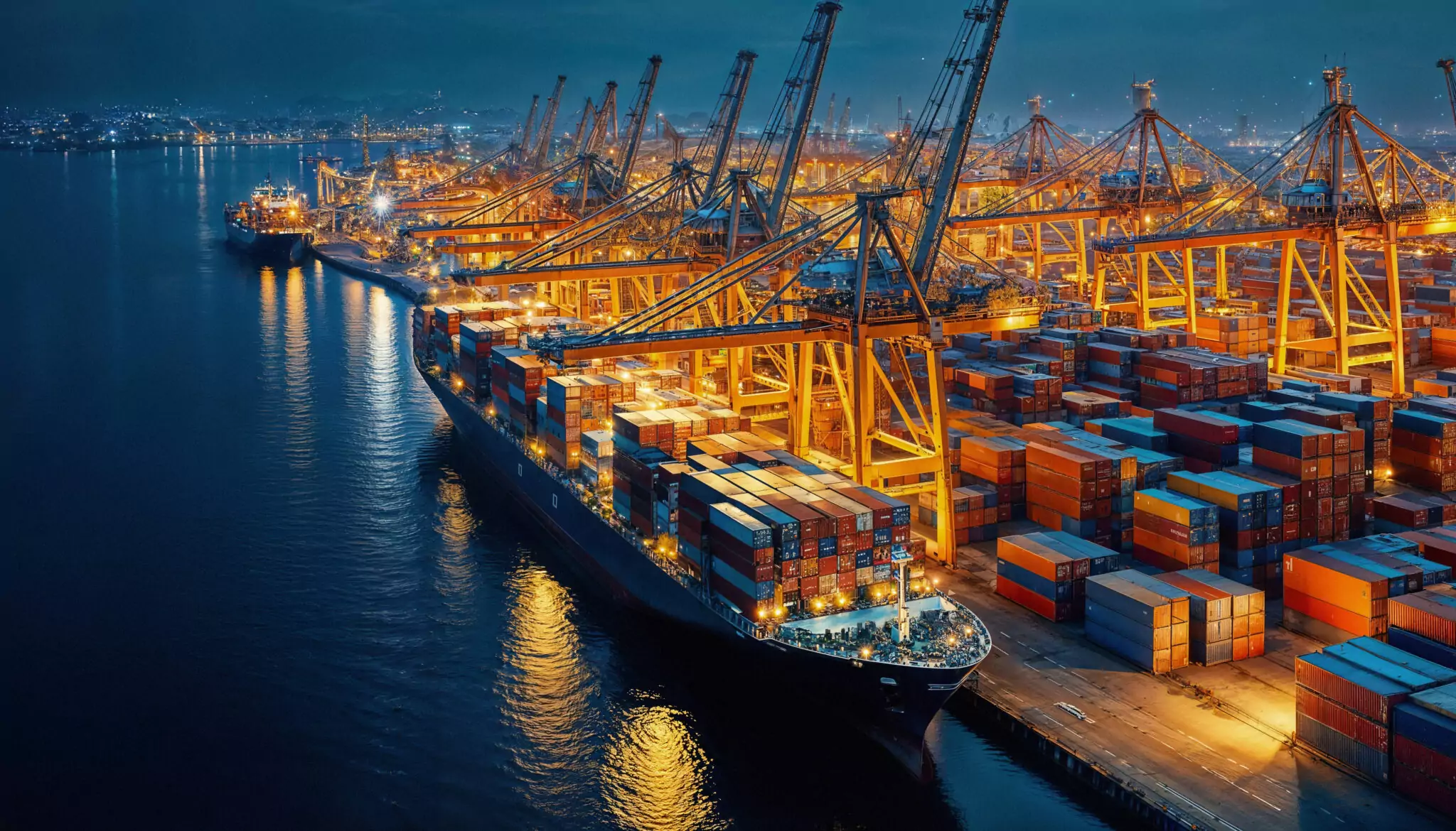 Cargo ship night busy port &# ;